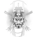 A samurai stands with his head bowed in a posture that conveys confidence and an awareness of his physical superiority.  tattoo design idea
