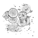 Citrus Slice: Depict a vibrant citrus fruit slice (e.g., lemon, lime, orange) with droplets of juice and zest flying off tattoo design idea
