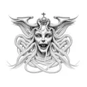 baphomet de corpo inteiro com rosto feminino sorriso diabólico com cabelo de medusa  tattoo design idea