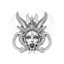baphomet de corpo inteiro com rosto feminino sorriso diabólico com cabelo de medusa  tattoo design idea