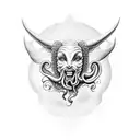 baphomet de corpo inteiro com rosto feminino sorriso diabólico com cabelo de medusa  tattoo design idea