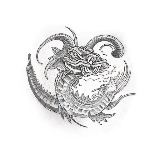 Fish tail and ram head, crocodile body tattoo design idea