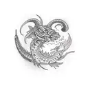 Fish tail and ram head, crocodile body tattoo design idea