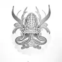 Fish tail and ram head, crocodile body tattoo design idea