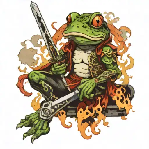 frog warrior with sword sitting in throne with flames behind    tattoo design idea