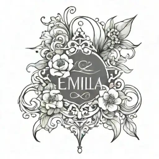 the name Emilia with jade flowers intertwined tattoo design idea