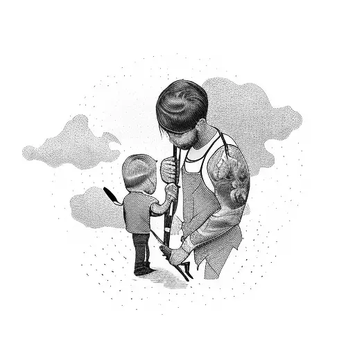 Father and son holding paintbrushes tattoo design idea