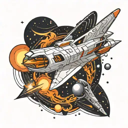 How about a sleek, futuristic spaceship soaring through a star-filled galaxy, with intricate celestial patterns and cons tattoo design idea