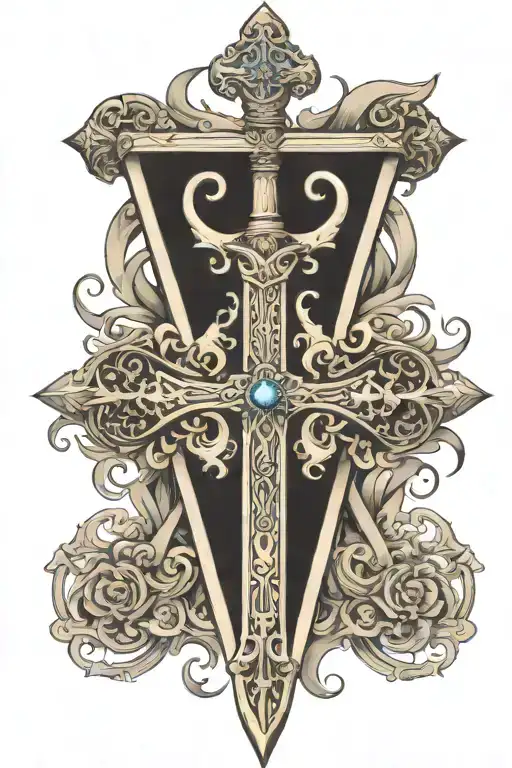 sword and cross surrounded by filagree design  tattoo design idea