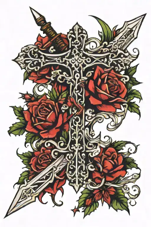 cross and sword  surrounded by filagree and thorns tattoo design idea