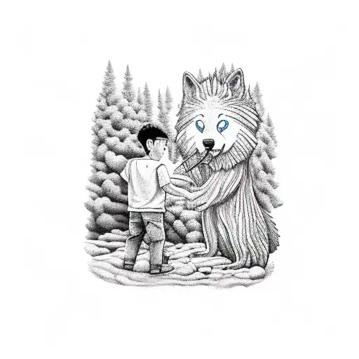 niño sentado en un bosque, con un lobo detrás asechandolo, el niño lleva en su mano derecha un libro y en la otra mano u tattoo design idea