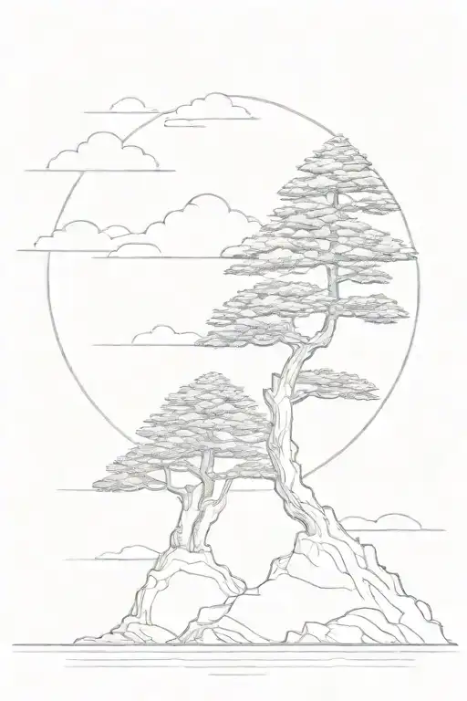 A majestic araucaria tree standing tall on a rocky cliff overlooking the sea tattoo design idea