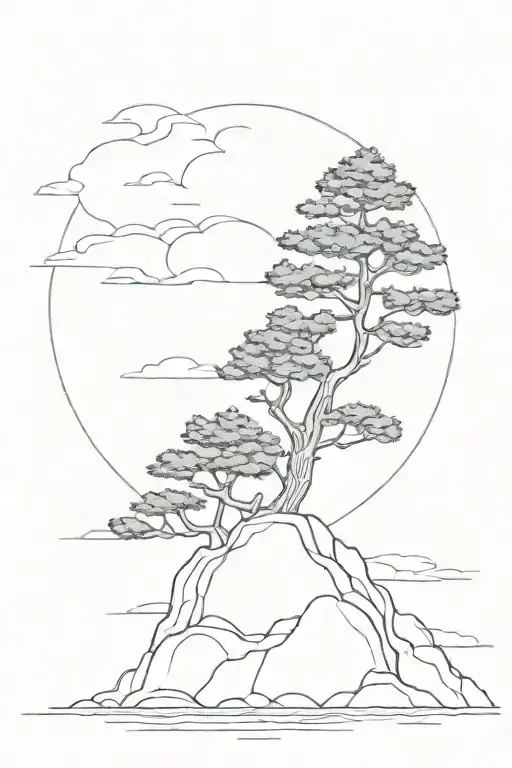 A majestic araucaria tree standing tall on a rocky cliff overlooking the sea tattoo design idea