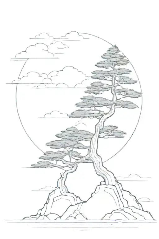A majestic araucaria tree standing tall on a rocky cliff overlooking the sea tattoo design idea