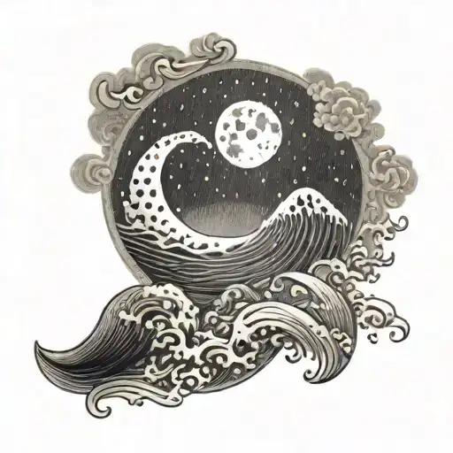 a moon with a wave and the name niral in japanese tattoo design idea