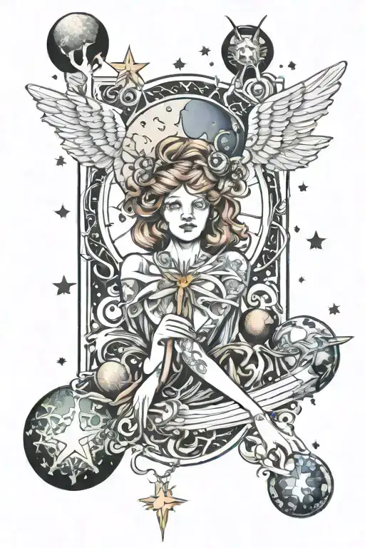 angelic figure with planets and stars along with the human body parts   tattoo design idea