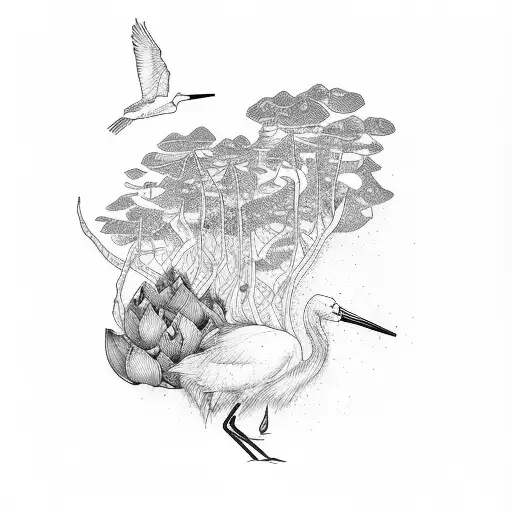asian landscape with stork, papyrus and lotus tattoo design idea