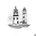 simple line work, turquoise blue and black, message in a bottle with a lighthouse with the word free in block script tattoo design idea