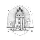 simple line work, turquoise blue and black, message in a bottle with a lighthouse with the word free in block script tattoo design idea