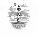 simple line work, turquoise blue and black, message in a bottle with a lighthouse with the word free in block script tattoo design idea