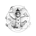 simple line work, turquoise blue and black, message in a bottle with a lighthouse with the word free in block script tattoo design idea