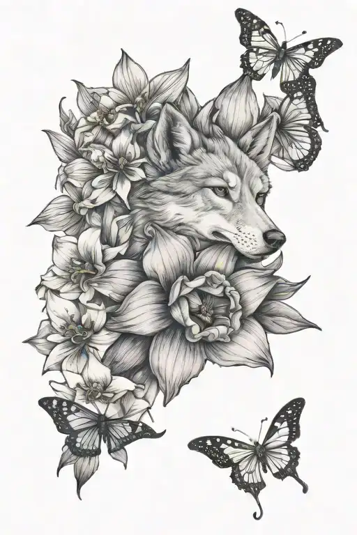 daffodil, primrose and lily flowers with small butterflies leaves and a wolfs face tattoo design idea