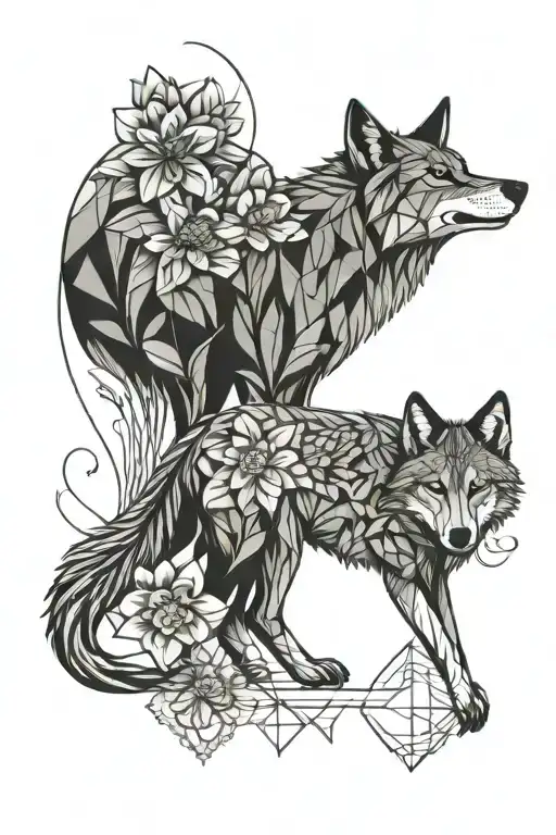 primrose, water lily and daffodil flowers with butterfies and a wolf face tattoo design idea