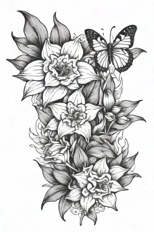 daffodil, primrose and lily flowers with small butterflies leaves and a wolfs face tattoo design idea