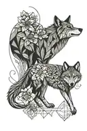 primrose, water lily and daffodil flowers with butterfies and a wolf face tattoo design idea