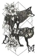 primrose, water lily and daffodil flowers with butterfies and a wolf face tattoo design idea