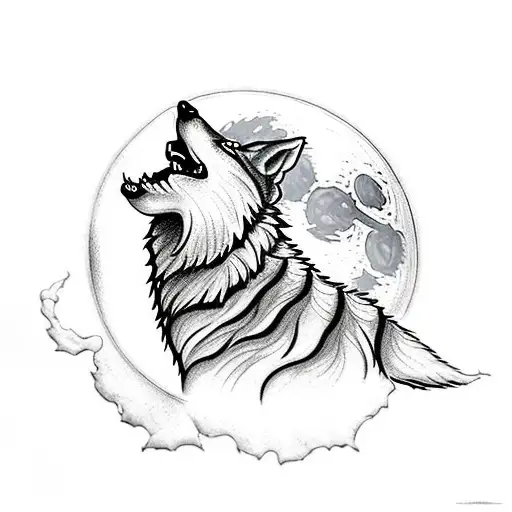 A wolf howling at the moon with mechanical gears as its eyes tattoo design idea