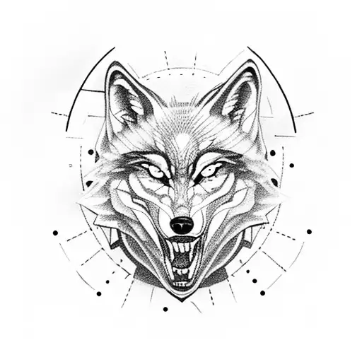 A wolf howling at the moon with mechanical gears as its eyes tattoo design idea