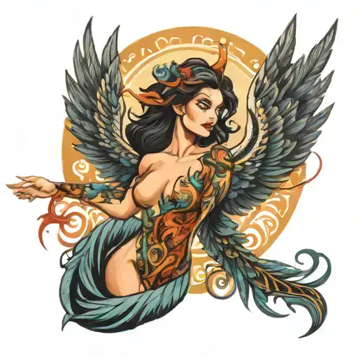 feminine phoenix rising woman posing tattoo design idea