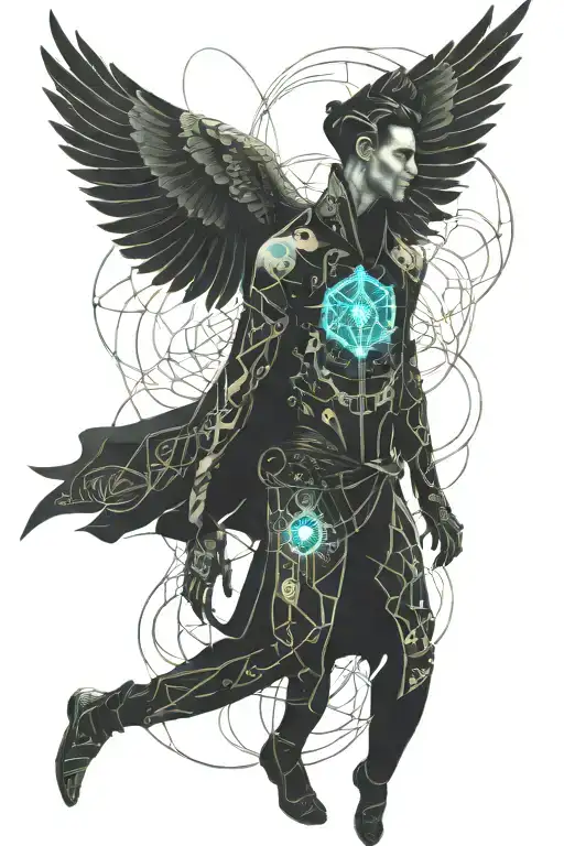 a man with wings flying up the seven scary worlds similar to floads tattoo design idea