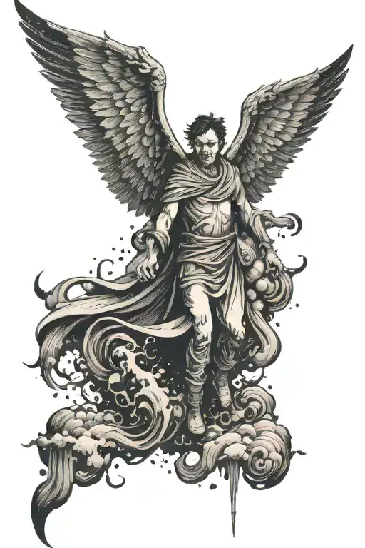 a man with wings flying up the seven scary worlds similar to floads tattoo design idea