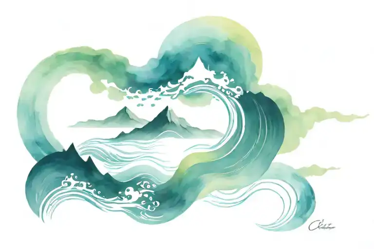 ocean waves forming the shape, mountains, sun shining, rain tattoo design idea