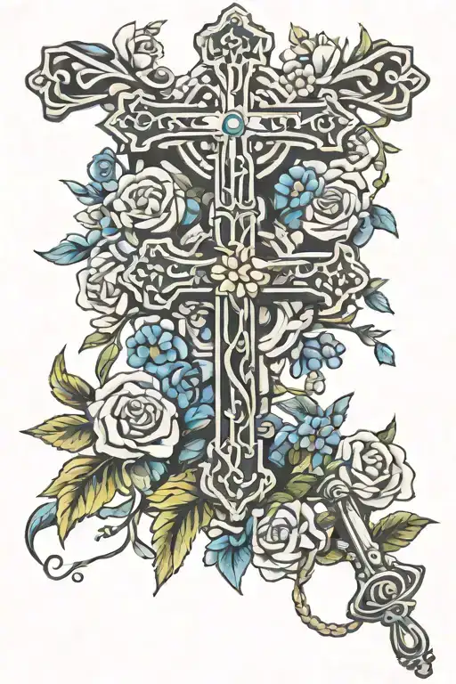 rosary beads cross and flowers intertwined tattoo design idea