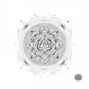 A dotwork mandala design incorporating different dog-related symbols and objects tattoo design idea