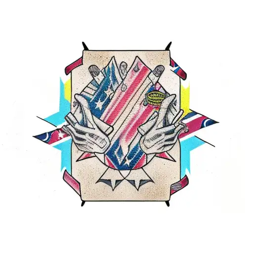 arm sleeve blink 182 mixed with punk rock and California themes tattoo design idea
