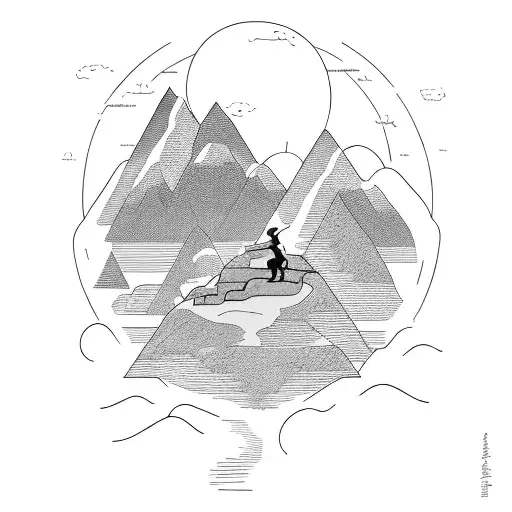 A person deep in thought sitting on a mountain peak, with a running track winding down the slope tattoo design idea