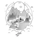 A person deep in thought sitting on a mountain peak, with a running track winding down the slope tattoo design idea