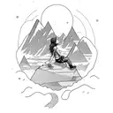 A person deep in thought sitting on a mountain peak, with a running track winding down the slope tattoo design idea
