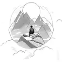 A person deep in thought sitting on a mountain peak, with a running track winding down the slope tattoo design idea
