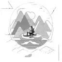 A person deep in thought sitting on a mountain peak, with a running track winding down the slope tattoo design idea