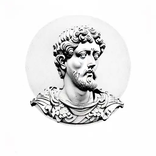 A quote from Marcus Aurelius surrounded by Roman-inspired motifs tattoo design idea