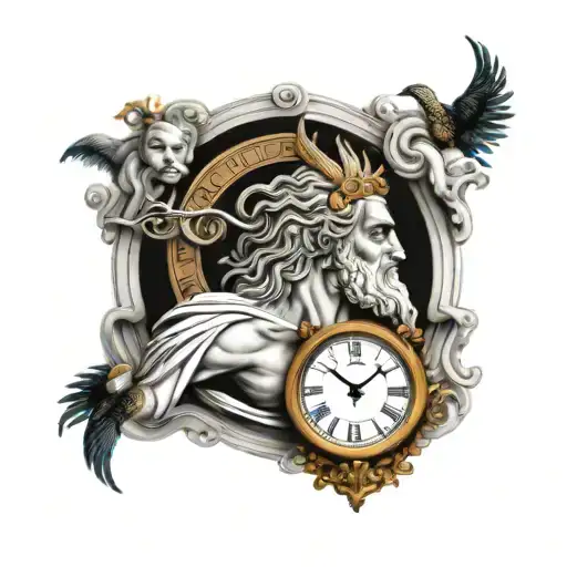 greek mythology kronos god with time clock background, high resolution 8k  tattoo design idea