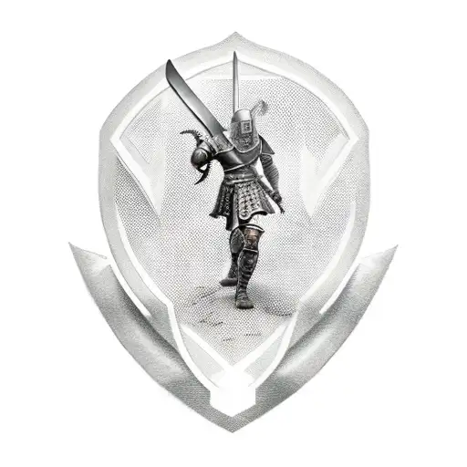warrior with  sword and a shild. on the shield is the name aaron.  tattoo design idea