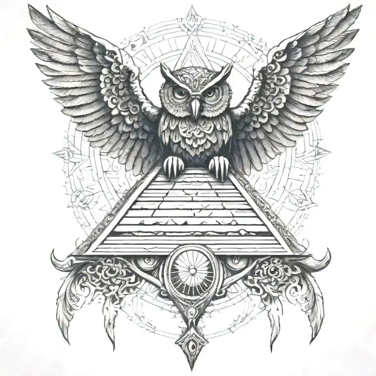 filigree all seeing eye pyramid owl wings  in background Anunnaki egyptian  tattoo design idea