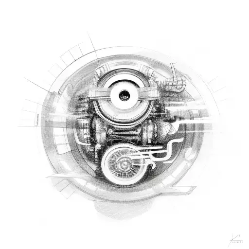 A sketch of a car engine merging with a vinyl record tattoo design idea