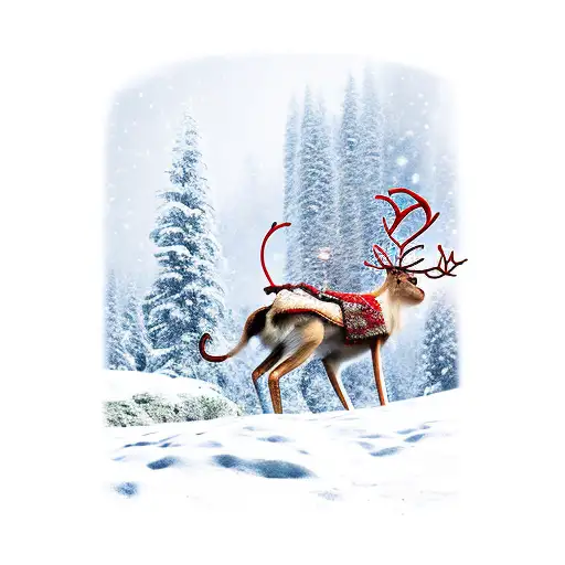 Realistic depiction of an elf on the shelf riding a reindeer through a snowy forest tattoo design idea